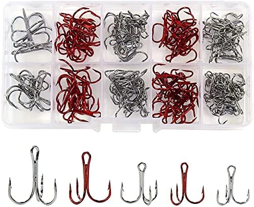 Treble Hooks Kit High Carbon Steel Round Bend Fishing Hook Set 4# 6# 8# 10# for Freshwater Saltwater (130pcs/Box)